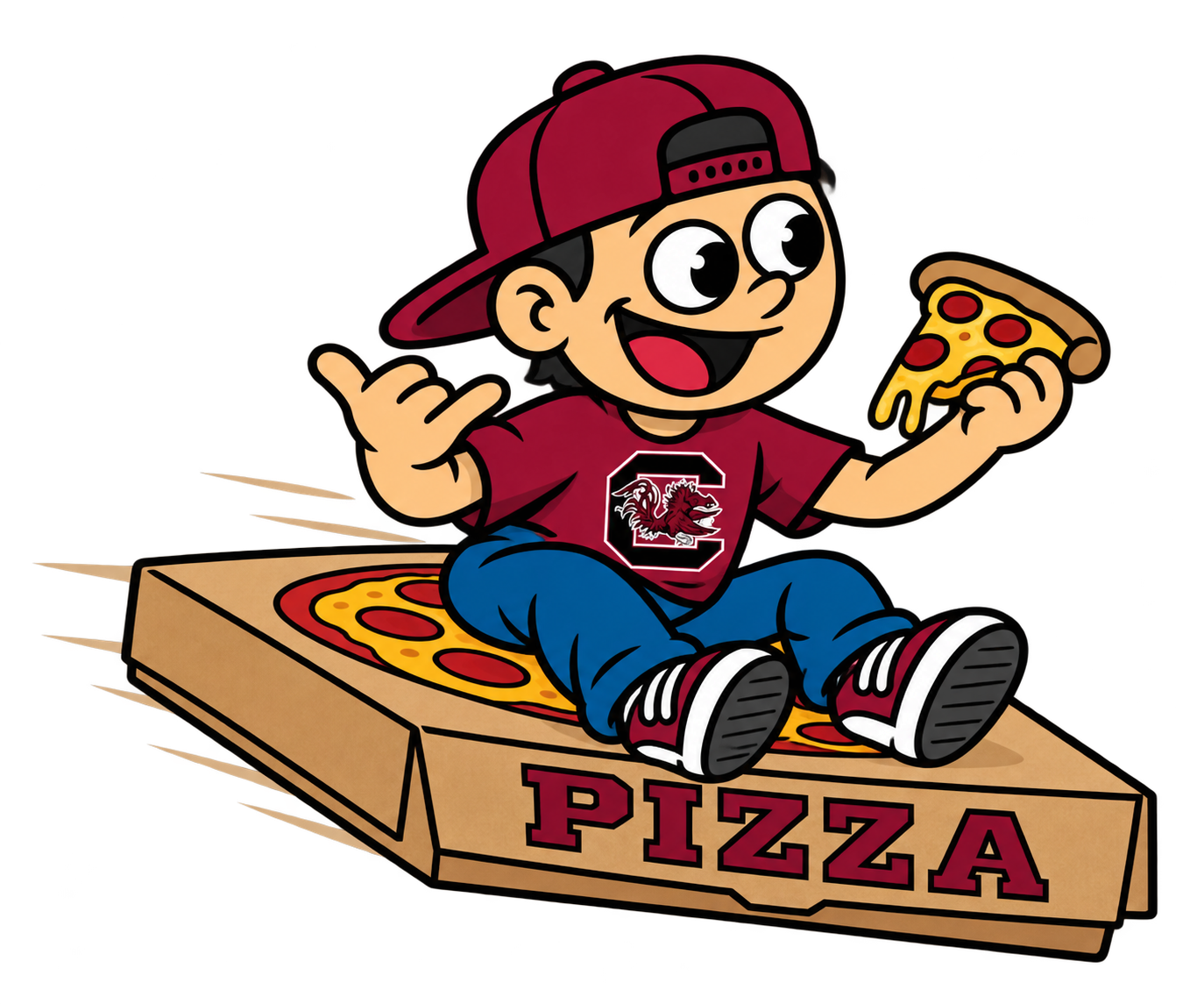 Pizza Box Predictions mascot sitting on a pizza box
